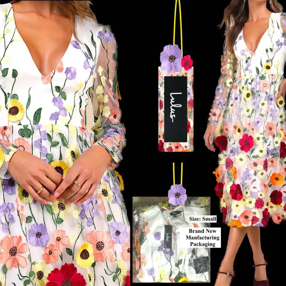 Lulus White 3D Floral Embroidered Front Back Blossom Midi Dress Size S NEW - Picture 10 of 14